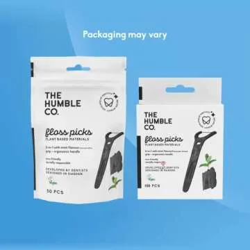 The Humble Co. Floss Picks (200 Count) – Plant Based Dental Floss Picks with Grip Handle for Superior Oral Care, Dental Hygiene, and Gum Health, Cruelty Free Tooth Floss Picks (Charcoal)