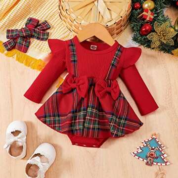Engofs Baby Girl Christmas Outfit Newborn Infant Long Sleeve Romper Dress with Headband Red 3-6 Months