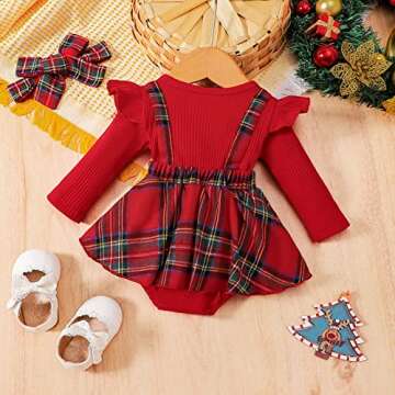 Engofs Baby Girl Christmas Outfit Newborn Infant Long Sleeve Romper Dress with Headband Red 3-6 Months