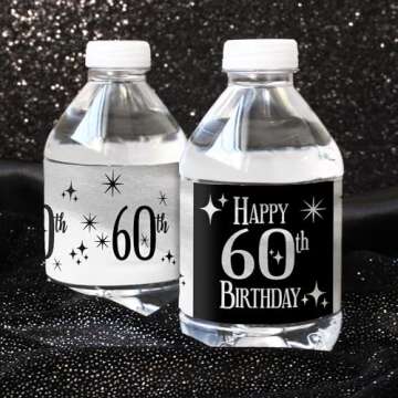 Black and Silver 60th Birthday Water Bottle Labels - Shiny Foil - 24 Stickers