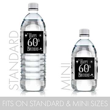 Black and Silver 60th Birthday Water Bottle Labels - Shiny Foil - 24 Stickers