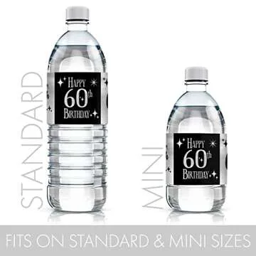 Black and Silver 60th Birthday Water Bottle Labels - Shiny Foil - 24 Stickers