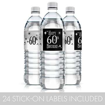 Black and Silver 60th Birthday Water Bottle Labels - Shiny Foil - 24 Stickers