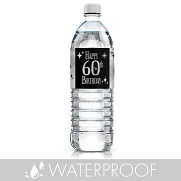 Black and Silver 60th Birthday Water Bottle Labels - Shiny Foil - 24 Stickers