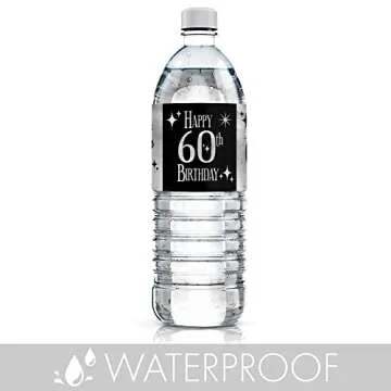 Black and Silver 60th Birthday Water Bottle Labels - Shiny Foil - 24 Stickers