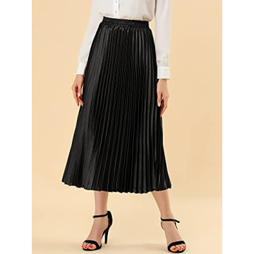 Allegra K Women's Party Elastic Waist Metallic Shiny Accordion Pleated Midi Skirt