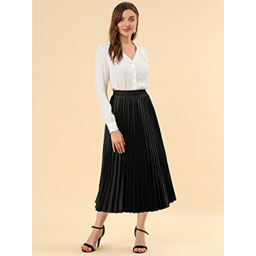 Allegra K Women's Party Elastic Waist Metallic Shiny Accordion Pleated Midi Skirt