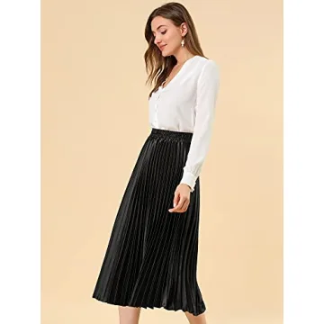 Allegra K Women's Party Elastic Waist Metallic Shiny Accordion Pleated Midi Skirt