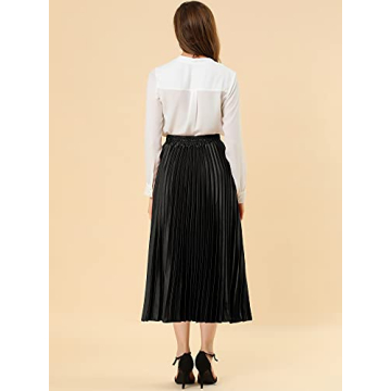 Allegra K Women's Party Elastic Waist Metallic Shiny Accordion Pleated Midi Skirt