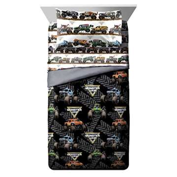 Jay Franco Monster Jam Tracks 5 Piece Full Bed Set - Includes Comforter & Sheet Set - Bedding Features Grave Digger &,Megalodon - Super Soft Fade Resistant Microfiber (Official Monster Jam Product)