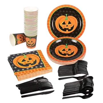 Juvale 144-Piece Halloween Plates and Napkins Party Supplies with Pumpkin Cups and Cutlery, Fun Them...