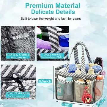 Haundry Mesh Shower Caddy Bag, Portable College Dorm Bathroom Tote, Quick Dry Holder for Camp Gym, 8 Basket Pockets with Key Hook and 2 Oxford Handles, Gray