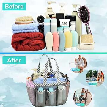 Haundry Mesh Shower Caddy Bag, Portable College Dorm Bathroom Tote, Quick Dry Holder for Camp Gym, 8 Basket Pockets with Key Hook and 2 Oxford Handles, Gray