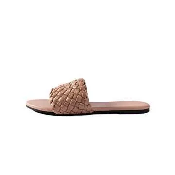 Mtzyoa Women Flat Sandals Woven Crossover Leather Summer Slip on Open toe Slingback Flip Flops Nude 8