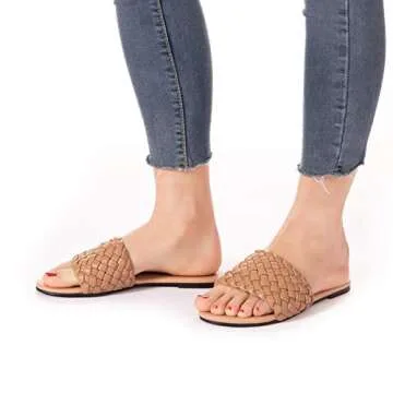 Mtzyoa Women Flat Sandals Woven Crossover Leather Summer Slip on Open toe Slingback Flip Flops Nude 8