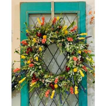 Spring Artificial Daisy Lavender Wreath 20inch Wildflower Summer Silk Wreaths for Front Door Home Wall Wedding Festival Farmhouse Holiday Decor (A-18inch)