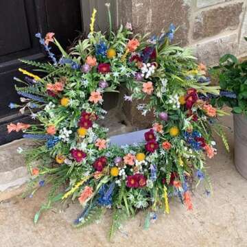 Spring Artificial Daisy Lavender Wreath 20inch Wildflower Summer Silk Wreaths for Front Door Home Wall Wedding Festival Farmhouse Holiday Decor (A-18inch)