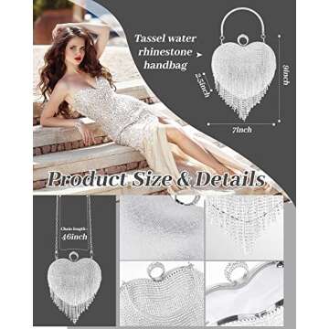 MTLEE 5 Pcs Heart Purse Rhinestone Tassel Evening Clutch Bag Valentine's Day Jewelry Set for Women Wedding Dinner (Silver)
