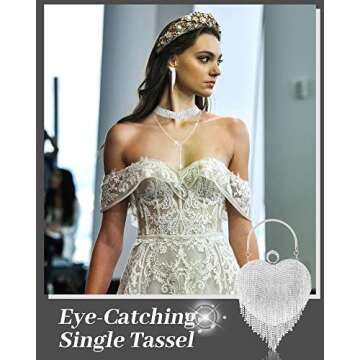 MTLEE 5 Pcs Heart Purse Rhinestone Tassel Evening Clutch Bag Valentine's Day Jewelry Set for Women Wedding Dinner (Silver)