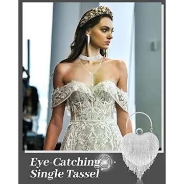 MTLEE 5 Pcs Heart Purse Rhinestone Tassel Evening Clutch Bag Valentine's Day Jewelry Set for Women Wedding Dinner (Silver)