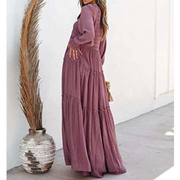 R.Vivimos Maxi Dress for Women Long Sleeve V Neck Empire Waist Layered Ruffle Boho Casual Flowy Long Dresses (Medium, DarkRose)