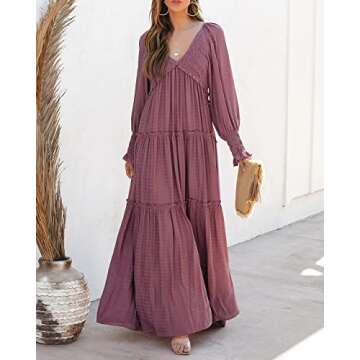R.Vivimos Maxi Dress for Women Long Sleeve V Neck Empire Waist Layered Ruffle Boho Casual Flowy Long Dresses (Medium, DarkRose)