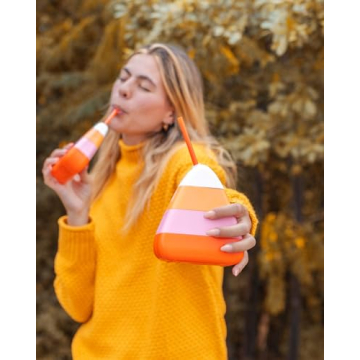 Packed Party Fun Novelty Candy Corn Drink Sipper Bottles Cup, Halloween Decoration for Party 14 ounces, Set of 6