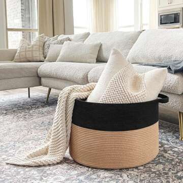 INDRESSME XXXLarge Cotton Rope Basket Woven Baby Laundry Basket Blanket Basket Toy Basket with Handle Comforter Cushions Storage Bin Thread Laundry Hamper - 21.7" x 21.7" x 13.8"