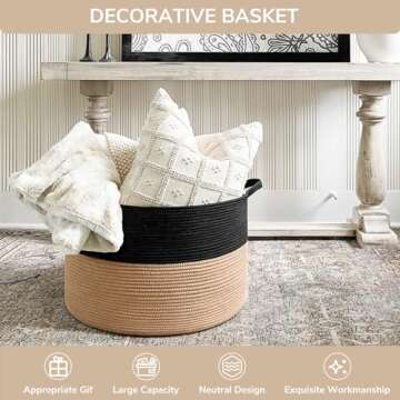 INDRESSME XXXLarge Cotton Rope Basket Woven Baby Laundry Basket Blanket Basket Toy Basket with Handle Comforter Cushions Storage Bin Thread Laundry Hamper - 21.7" x 21.7" x 13.8"