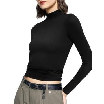 PUMIEY Women's Turtleneck Long Sleeve Shirt - Jet Black