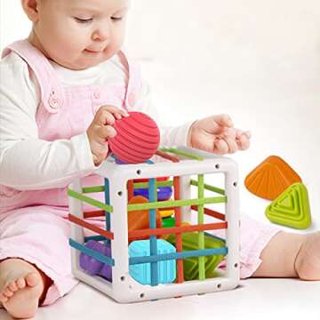 Baby Toy Sensory Bin – Cube Fidget Baby Games– Baby Sorting Toys with Colorful Shapes Baby Blocks and String –shape sorter toy Montessori Toys for 1 Year Old boy gifts, Girl First Birthday Gift
