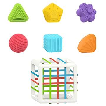 Baby Toy Sensory Bin – Cube Fidget Baby Games– Baby Sorting Toys with Colorful Shapes Baby Blocks and String –shape sorter toy Montessori Toys for 1 Year Old boy gifts, Girl First Birthday Gift
