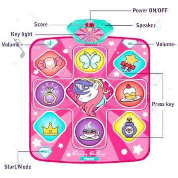 Kusntin Unicorn Dance Mat, Dance Mixer Rhythm Step Play Mat, Pink Dance Pad with LED Lights, Adjustable Volume, Built-in Music, 5 Game Modes, Xmas B-Day Gifts for 3-12 Years Old Girls Toys