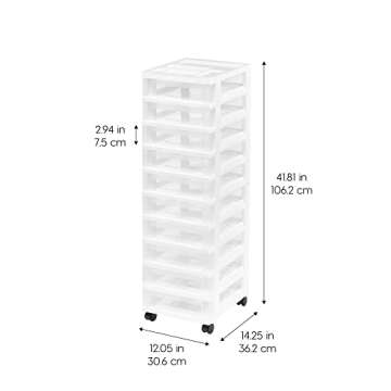 IRIS USA Plastic Drawer Storage Organizer Rolling Cart, with Wheels Casters, 10-Drawers, for Classroom Art Craft Supplies Dresser Closet Bathroom Dorm Bedroom Laundry Room, White/Clear