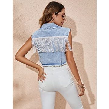 Flygo Womens Fringe Denim Vest - Stylish Button Down Jacket