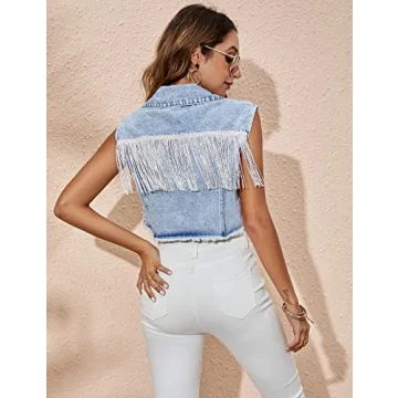 Flygo Womens Fringe Denim Vest - Stylish Button Down Jacket