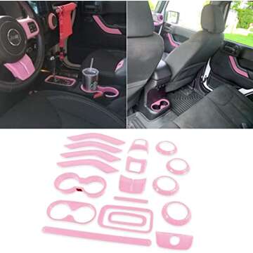 Sunluway 21 PCS Full Set Interior Trim Kit-Door Handle & Cup Cover, Steering Wheel & Center Console Trim, Air Outlet & AC Ring Cover Fit for Jeep Wrangler JK JKU 2011-2018 2-Door&4-Door (Light Pink)