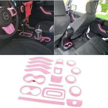 Sunluway 21 PCS Full Set Interior Trim Kit-Door Handle & Cup Cover, Steering Wheel & Center Console Trim, Air Outlet & AC Ring Cover Fit for Jeep Wrangler JK JKU 2011-2018 2-Door&4-Door (Light Pink)