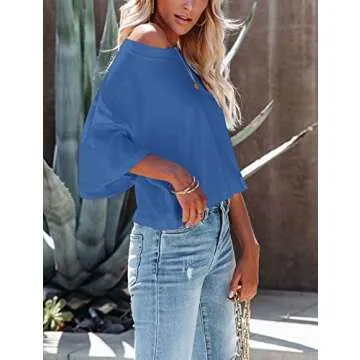 Yuccalley Women's Summer Crop Tops Short Sleeve Round Neck T-Shirt Basic Tees (Blue, Medium)