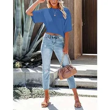 Yuccalley Women's Summer Crop Tops Short Sleeve Round Neck T-Shirt Basic Tees (Blue, Medium)