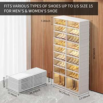 CIMLORD 9-Tier Foldable Shoe Rack Organizer for Closet 36Pairs Plastic Shoe Shelf Collapsible Shoes Storage Box Clear Shoe Boxes Stackable with Door Easy Assembly Shoe Cabinet with Lids Large