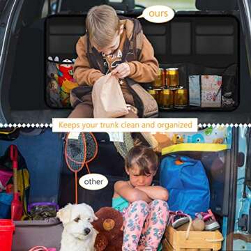 Backseat Trunk Organizer,Car Seat Back Storage,Space Saving with Cargo Net Design 4 Pockets,Bag Back Seat Organizer for Kids, Multipurpose Cargo Accessories SUV & Car Organizer,Black