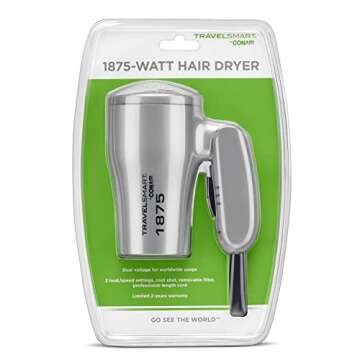 Conair 1875 Watt Compact Dual Voltage Travel Hair Dryer with Folding Handle, Grey