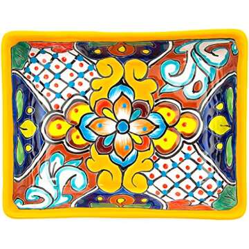 Jayde N' Grey Enchanted Talavera Pottery Hand Painted Ceramic Rectangle Serving Platter Dish Appetizer Plate Tray Food Mexican Floral Pattern (Medium 9.5 x 7.5 x 1.75, Marigold)