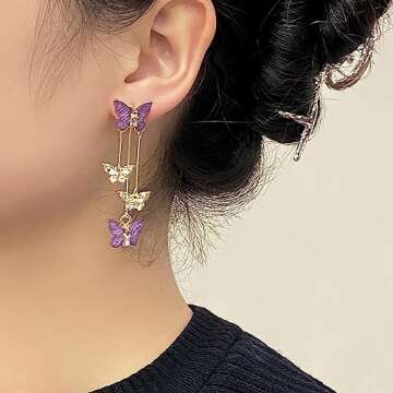 Purple Butterfly Tassel Earrings for Women Crystal Rhinestone Drop Earrings Animal Drop Dangle Charm Earrings