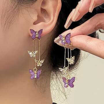 Purple Butterfly Tassel Earrings for Women Crystal Rhinestone Drop Earrings Animal Drop Dangle Charm Earrings