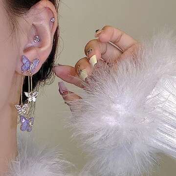 Purple Butterfly Tassel Earrings for Women Crystal Rhinestone Drop Earrings Animal Drop Dangle Charm Earrings