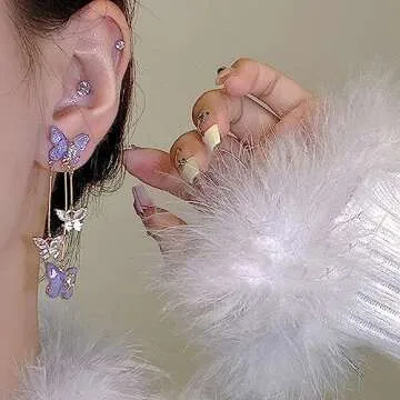 Purple Butterfly Tassel Earrings for Women Crystal Rhinestone Drop Earrings Animal Drop Dangle Charm Earrings