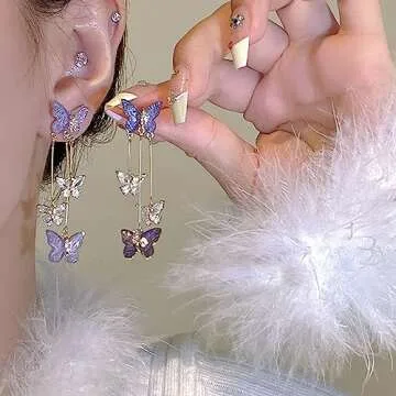 Purple Butterfly Tassel Earrings for Women Crystal Rhinestone Drop Earrings Animal Drop Dangle Charm Earrings