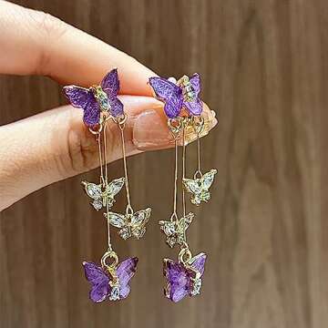 Purple Butterfly Tassel Earrings for Women Crystal Rhinestone Drop Earrings Animal Drop Dangle Charm Earrings